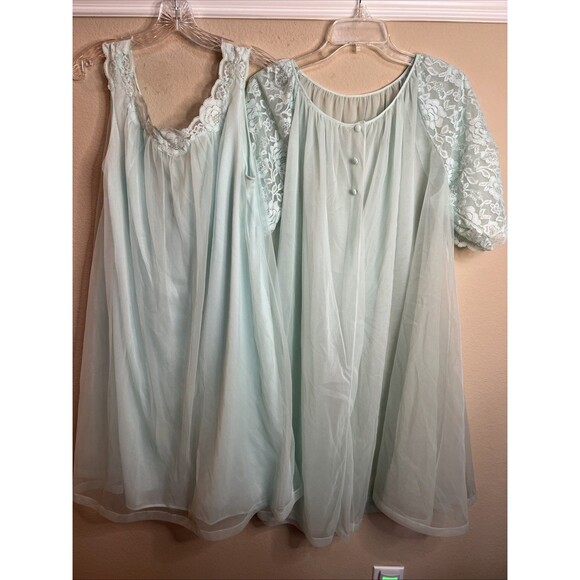 Vintage Lorraine Mint Blue Lace Night Dress And Cardigan 2 Set Size M - Picture 2 of 16
